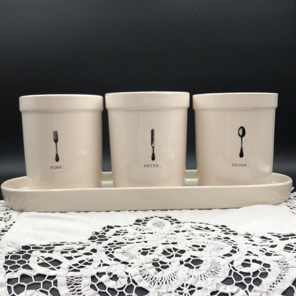 Rare Vintage Rae Dunn By Magenta Spoon Fork Knife Utensil Holder on Tray 4 PCS